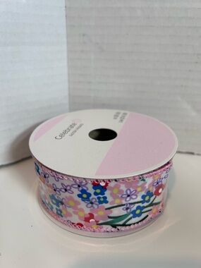 Celebrate It Pink WIRED Ribbon with Multicolor Floral Accents 1.5” x 30’